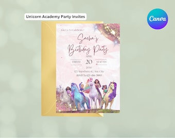 Unicorn Academy Gem Stone Kids Birthday Invitation, customised, instant download, editable, printable, canva template
