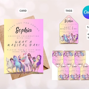 Cartão de agradecimento e etiquetas de aniversário rosa e amarelo da Unicorn Academy, digital, download instantâneo, editável, para impressão, modelo canva