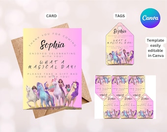 Unicorn Academy Birthday Thank You Card and Tags: Editable Canva Template (Digital Download)