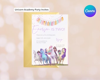 Unicorn Academy Rainbow Banner Kids Birthday Invitation, customised, instant download, editable, printable, canva template