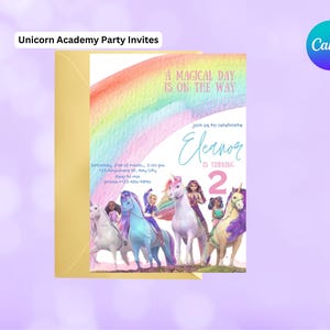 Convite de aniversário infantil Unicorn Academy Unicorn Rainbow, personalizado, download instantâneo, editável, para impressão, modelo Canva