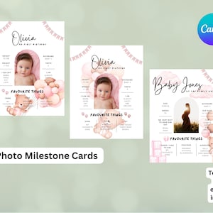 Rosa Baby Bär Erster Geburtstag Baby Shower Meilenstein Karte, digital, bearbeitbar, sofortiger Download, druckbar, Canva Vorlage