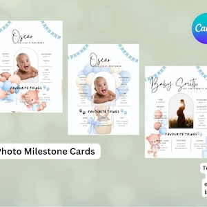 Carte d'étape bleu bébé ours premier anniversaire baby shower, numérique, modifiable, téléchargement immédiat, imprimable, modèle de toile