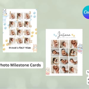 Blaue Hundefoto-Meilensteinkarte, digitaler Download, bearbeitbar, Canva, bedruckbar, Geburtstagsmeilenstein, erster Geburtstag