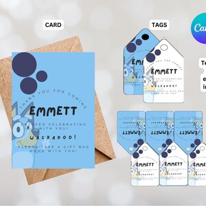 Blue Dog Birthday Thank You Card & Tag: Customizable Party Favors (Digital Download)