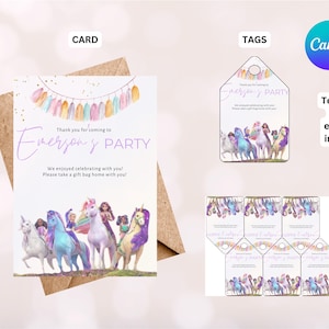Cartão de agradecimento e tags de aniversário com banner de arco-íris da Unicorn Academy, digital, download instantâneo, editável, para impressão, modelo canva