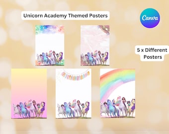 Unicorn Academy Poster Set: Party Decor, Birthday Cards (Canva Template, Digital Download)