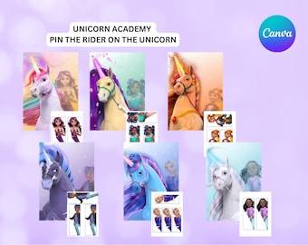 Unicorn Academy Party Game: Pin the Rider on the Unicorn (Printable, Editable Canva Template)