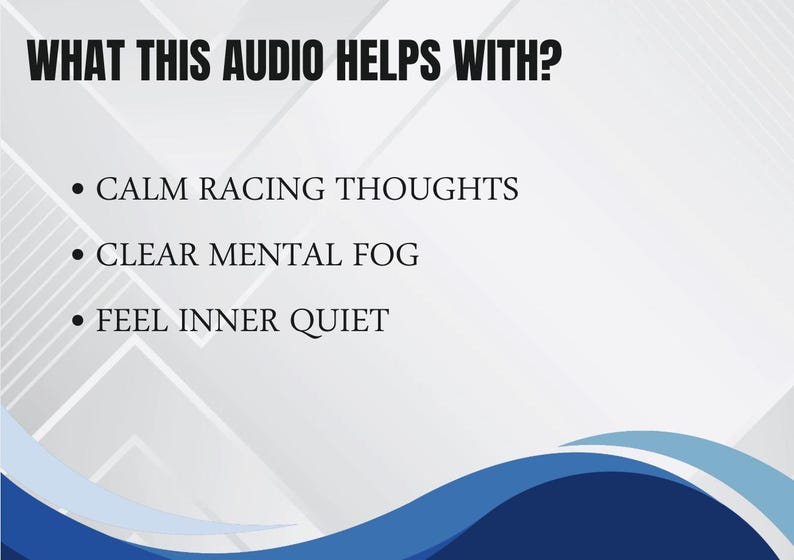 Pu&ograve; includere: Grafica con il testo "A COSA SERVE QUESTO AUDIO?" seguito da punti elenco: "CALMARE I PENSIERI DA CORSA", "ELIMINARE LA NEBBIA MENTALE" e "SENTIRE LA QUIETE INTERIORE". Lo sfondo &egrave; bianco con un design a onde blu.