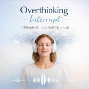 Op de afbeelding: Een vrouw met gesloten ogen draagt een witte koptelefoon. De tekst luidt "Overthinking Interrupt" en "7-Minute Guided Self-Hypnosis". Een geluidsgolfgrafiek staat onderaan. De achtergrond is een blauw-witte gradiënt.
