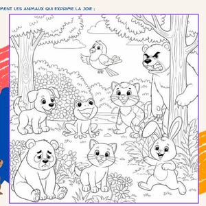 May include: A black and white coloring page featuring a forest scene with various animals including a dog, frog, cat, rabbit, bird, and two bears. The text at the top reads COLORIE SEULEMENT LES ANIMAUX QUI EXPRIME LA JOIE. The animals display different facial expressions.
