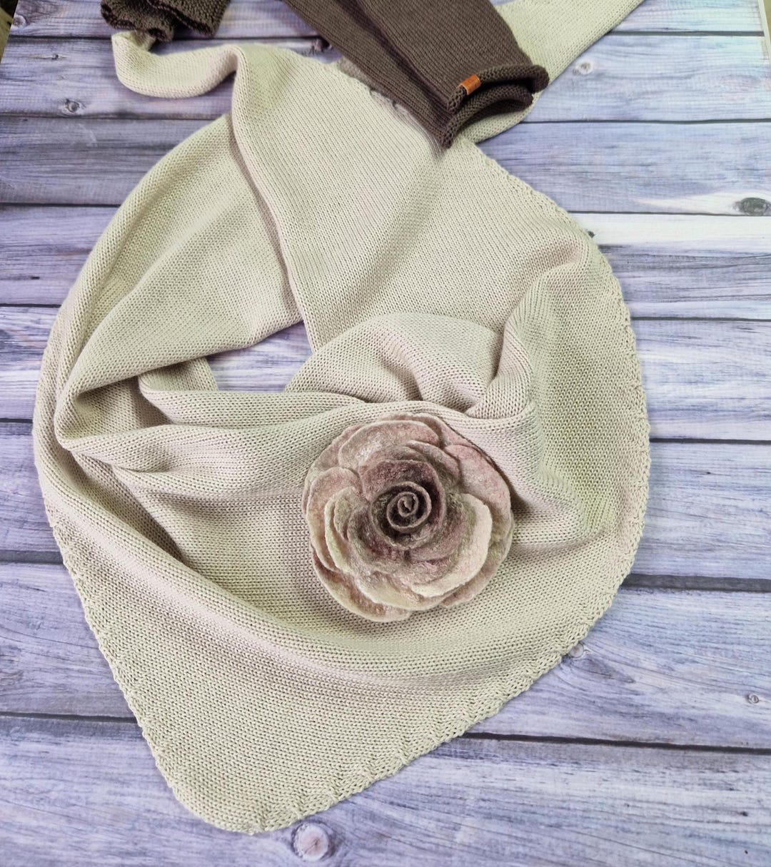 Triangular Scarves in Cream-beige and Brown-mocha, Knitted From Merino ...