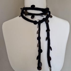 Skinny scarf, narrow knit, black, 170 cm, with large 17 mm black sequins, glitter scarf, party scarf, festival, glam accessory.