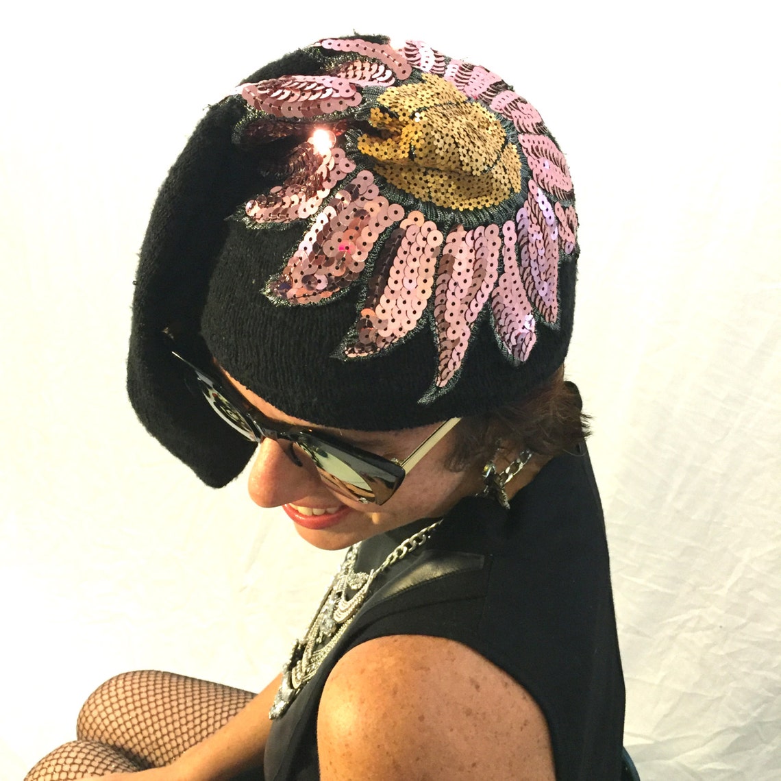 Sequin Cap 80s Style Black Hat