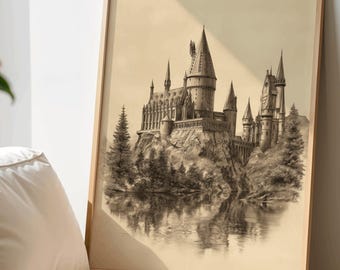 Wizarding School Castle Sketch | Fantasy Print, Vintage Literary Wall Art, Book Nook Home Decor