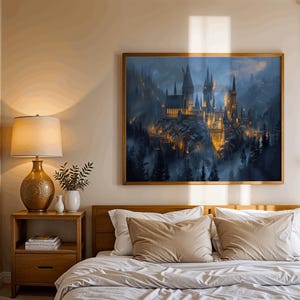 Reading nook wall art, a beautiful, atmospheric wizard school print.
