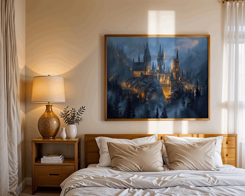 Reading nook wall art, a beautiful, atmospheric wizard school print.