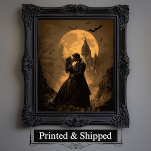 Vampire Love & Dracula Castle Wall Art Print, Gothic Home Decor, Dark Cottagecore Poster, Occult and Halloween Decor, Spooky Painting