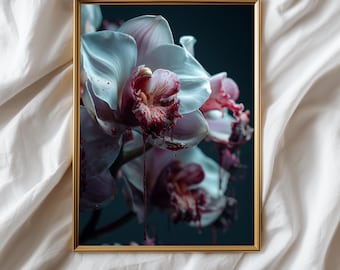Puede incluir: Una impresión artística enmarcada que presenta un primer plano de una orquídea con pétalos blancos y rosas. La flor tiene una sustancia roja oscura goteando, creando un contraste dramático. El marco dorado añade un toque de elegancia a la obra floral.