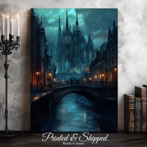 Antique art print of a majestic gothic cathedral bathed in shadowy light and mystic atmosphere.