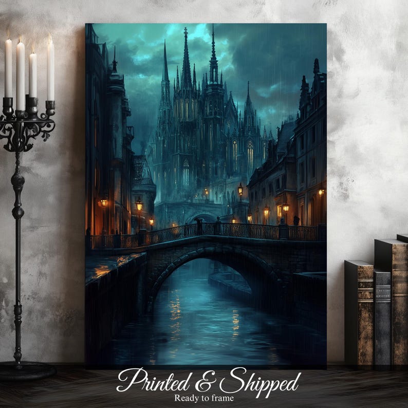 Antique art print of a majestic gothic cathedral bathed in shadowy light and mystic atmosphere.
