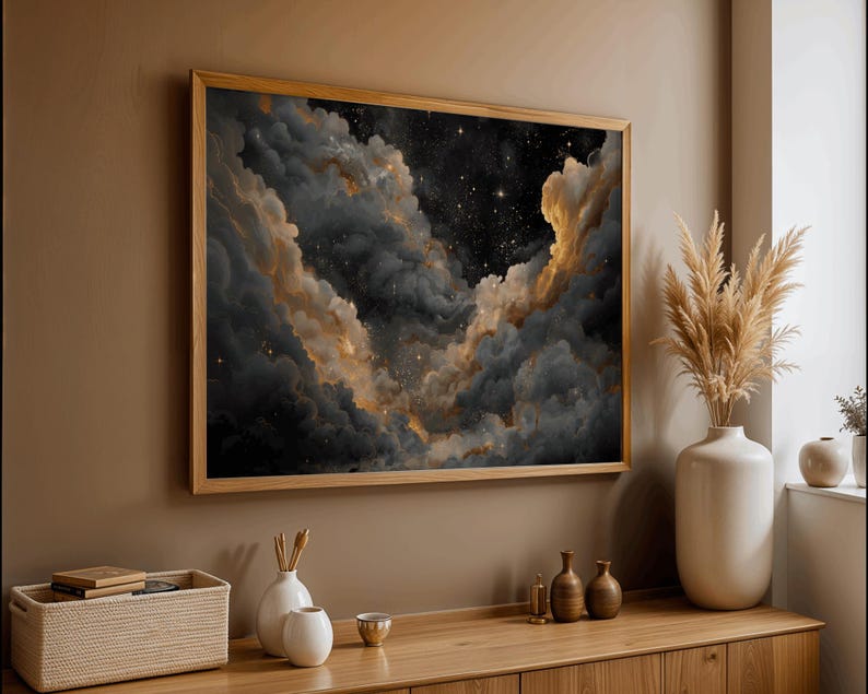 Celestial Night Sky Print, Golden Stars & Cloud Wall Art, Moody Home ...