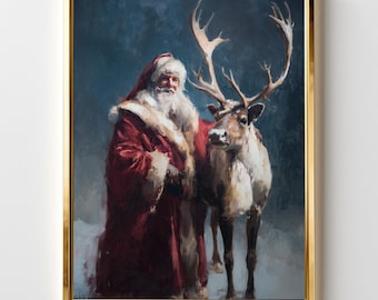 Santa Claus with Reindeer | Vintage Christmas Wall Art | Holiday Print, Winter Home Decor