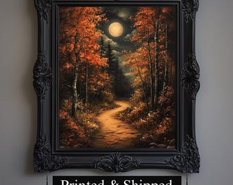 Art Print Herbst Mond Wald Wand | Gothic Halloween Kunst Dekor, Stimmungsvolle Herbst Kunst, Cottagecore Herbststimmung, Landschaftsmalerei