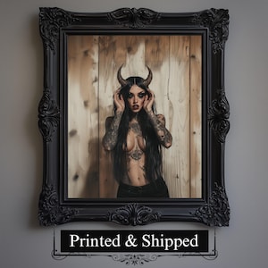 Demonic Witch Painting Creepy Occult Tattooed Goth Woman Wall Art, Halloween Poster, Digital Oil Painting, Gothic Print, Dark Fantasy Decor