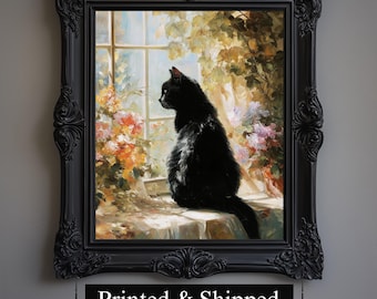 Vintage Floral Cat Art Print, Moody Cottagecore Decor