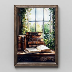 Nature and Books Digital Print | Cottagecore Decor, Digital Download, Dark Academia, Vintage Botanical Aesthetic, Moody Goth Wall Art