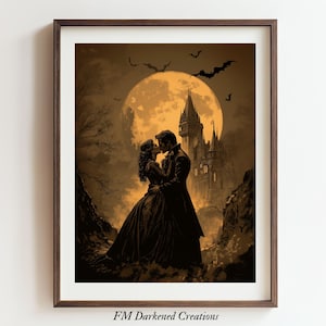Vampire Couple Painting | Gothic Romance Painting | Dark Academia Wall Art | Digital Download for Spooky Decor | Dark Cottagecore