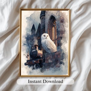 May include: Watercolor print featuring a white owl perched on a stone wall next to a steam train. The artwork is set against a backdrop of a castle with a gold frame. The words "Instant Download" are at the bottom.