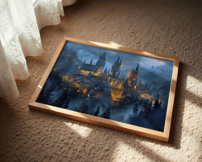 Witchy room decor poster with a dramatic, illuminated magic castle.