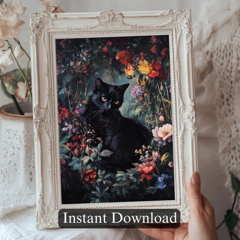 Floral Black Cat Art Print | Dark Academia Gothic Decor (digital ...