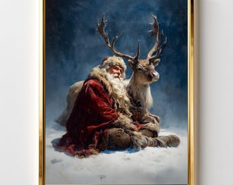 Vintage Santa Reindeer Print: Cottagecore Christmas Wall Art