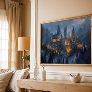 Witch illustration backdrop featuring a gothic, magical castle.