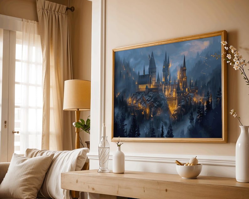 Witch illustration backdrop featuring a gothic, magical castle.