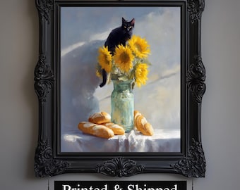 ヴィンテージひまわり猫油絵プリント | ゴッホのひまわり静物画に