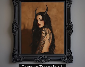 Puede incluir: Retrato enmarcado de una mujer con largo cabello negro, cuernos y tatuajes. La obra de arte está en un marco negro ornamentado. El texto "Instant Download" está en la parte inferior del marco.
