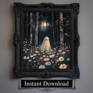 Cute Halloween Ghost Painting, Printable Fall Landscape Print, Downloadable Vintage Spooky Wall Art, Witchy Autumn Ghost Home Decor