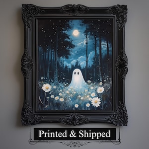 Ghost in Enchanted Forest Poster | Wildflowers Meadow Art Print, Whimsical Halloween Wall Art, Charming and Spooky Poster for Fall Season
