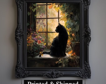Black Cat Art Print, Whimsical Window Painting, Cat Lover Gift