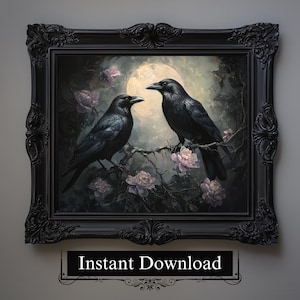 Crow Couple Moon Print, Dark Cottagecore Gothic Art (Digital Download)