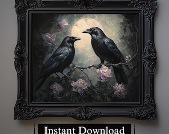 Crow Couple Moon Print, Dark Cottagecore Gothic Art (Digital Download)