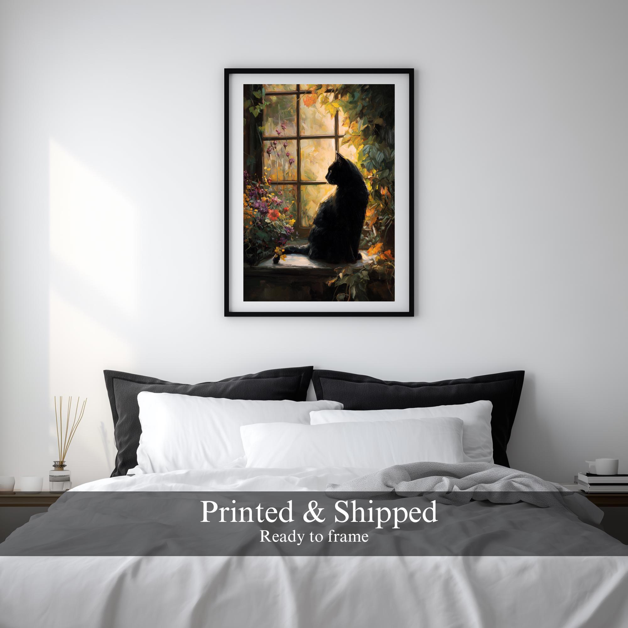 Black Cat Art Print, Whimsical Window Painting, Cat Lover Gift - Etsy