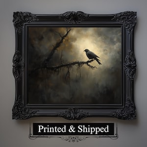 Mystical Gothic Raven Wall Art Print, Vintage Crow Lover Painting, Dark Cottagecore Home Decor, Halloween Gift, Dark Academia Poster