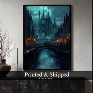 Gothic wall art featuring towering architecture and dramatic contrast for vintage fantasy lovers.