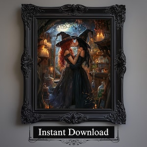 Spooky Witches Print | Gothic Halloween Painting | Dark Cottagecore Wall Art | Witchy Digital Download for Haunted Decor