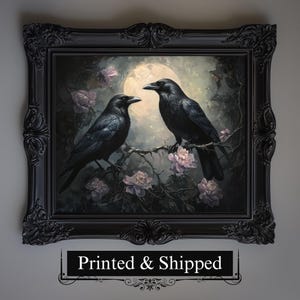Raven Couple and the Moon in Dark Forest Wall Art Print | Vintage Dark Cottagecore Gothic Decor Dark Academia Artwork Gothic Art